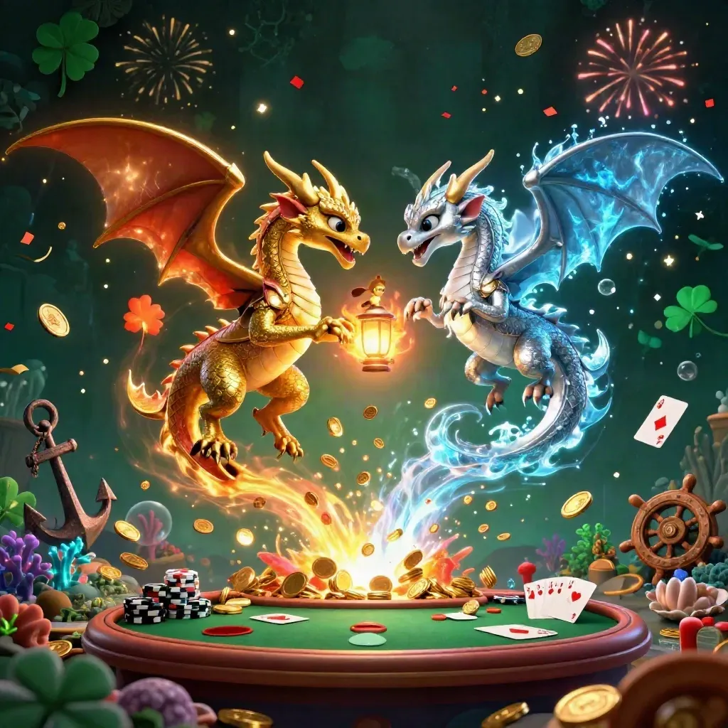 Gold and silver dragons swirl over casino treasure, coins, chips, coral, and fireworks.