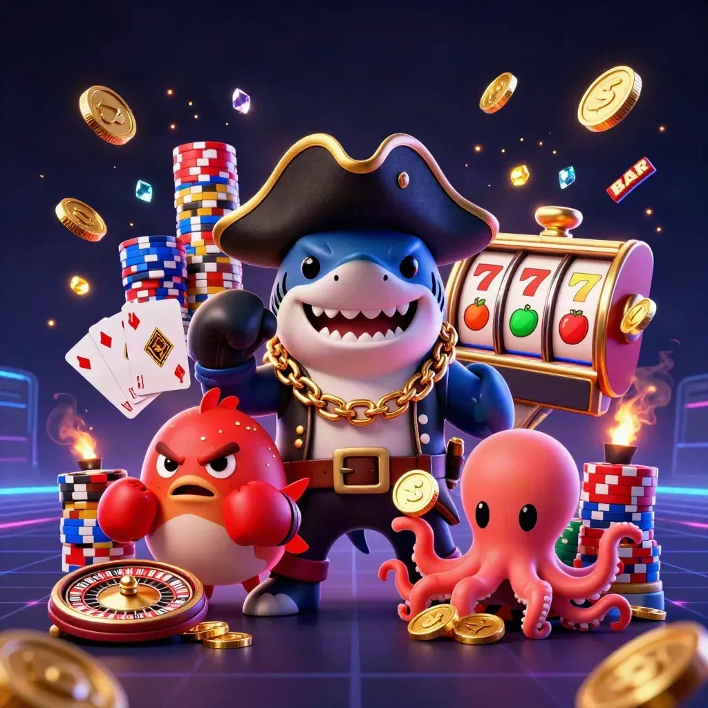 Pirate shark, boxing pufferfish, and coin-juggling octopus amid casino chips, cards, and roulette glow.