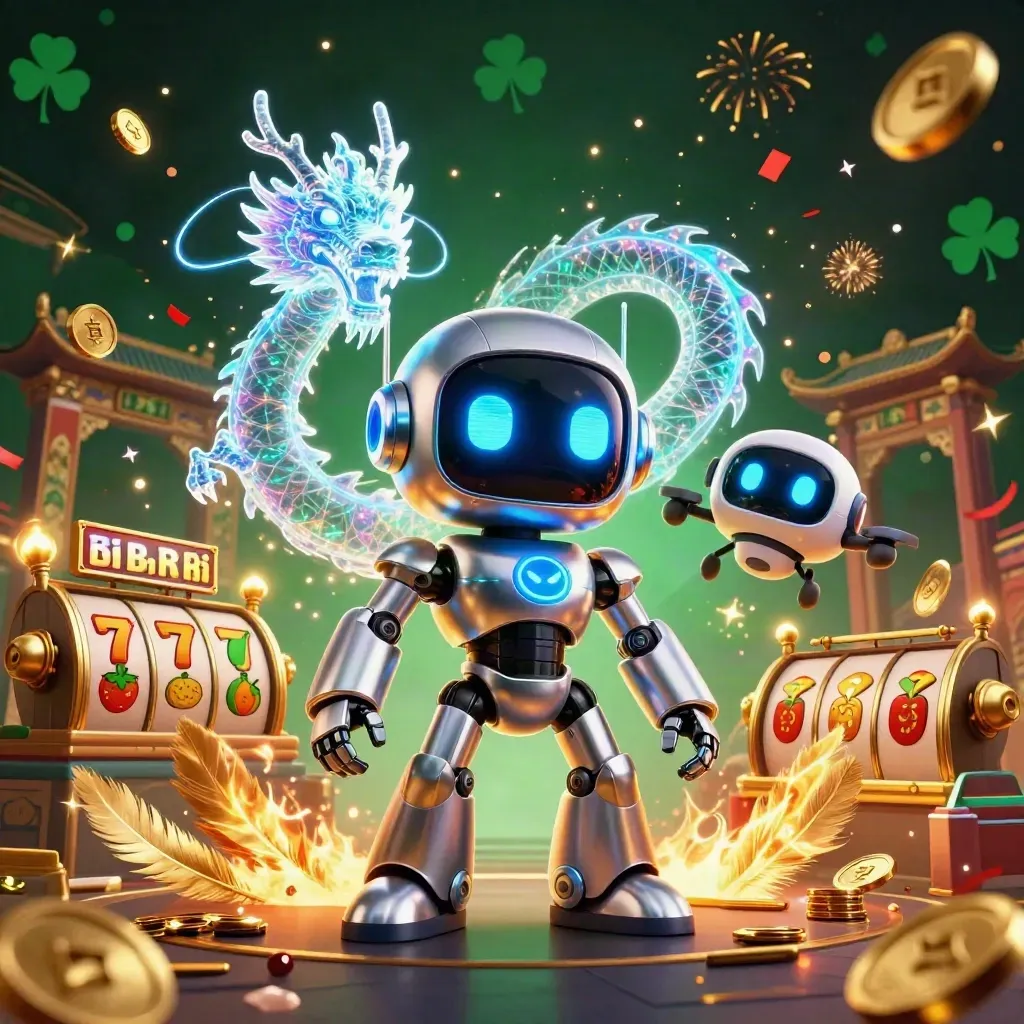 Chrome robot, holographic dragon and coin drone amid poker riches in emerald casino firelight.