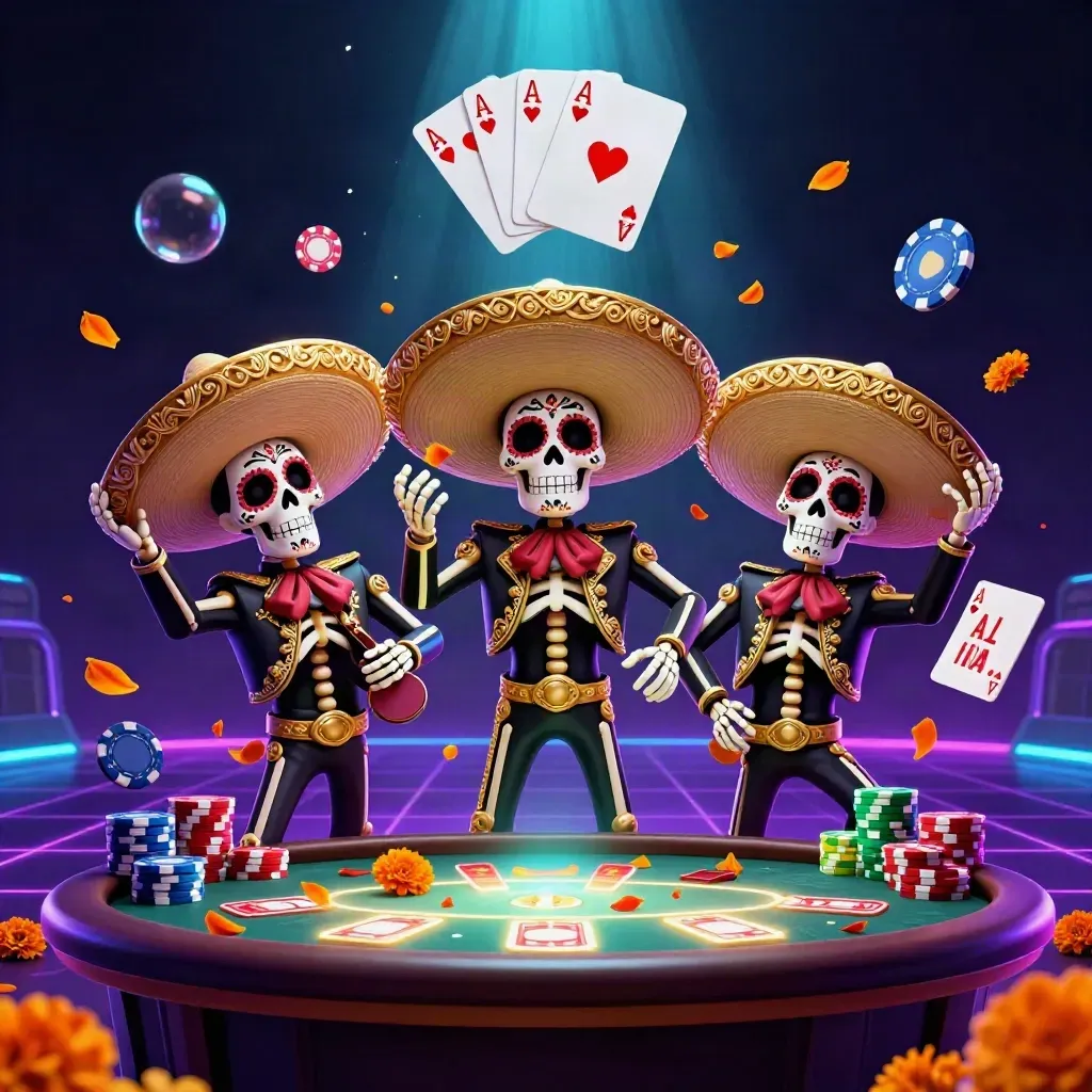 Three sugar-skull mariachi skeletons pose around a glowing poker table with chips and aces.