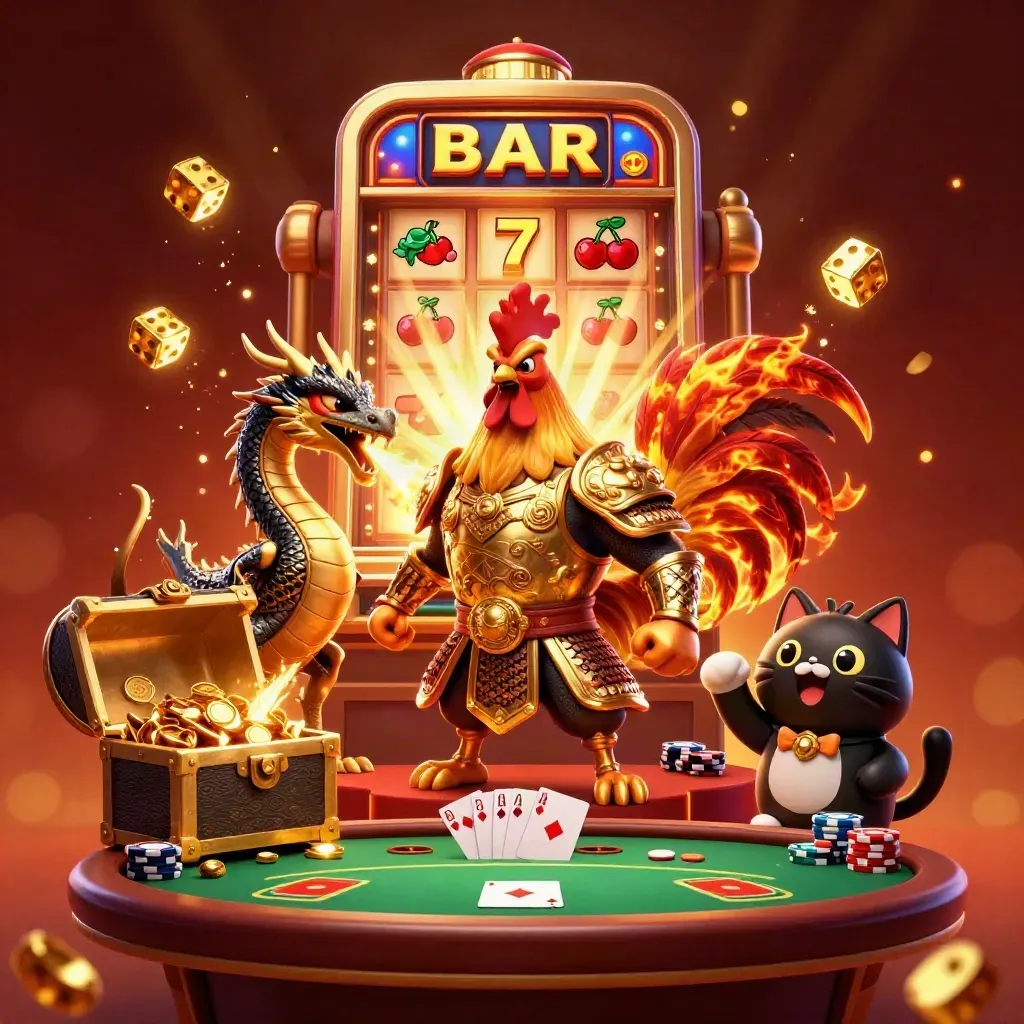 Rooster warrior, dragon hatchling, and fortune cat amid slot symbols, chips, and gold sparks.