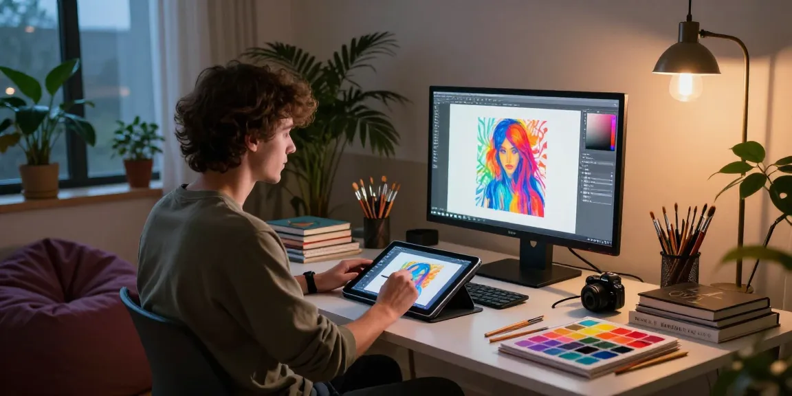 Creating vibrant NSFW AI digital art in a cozy studio environment.