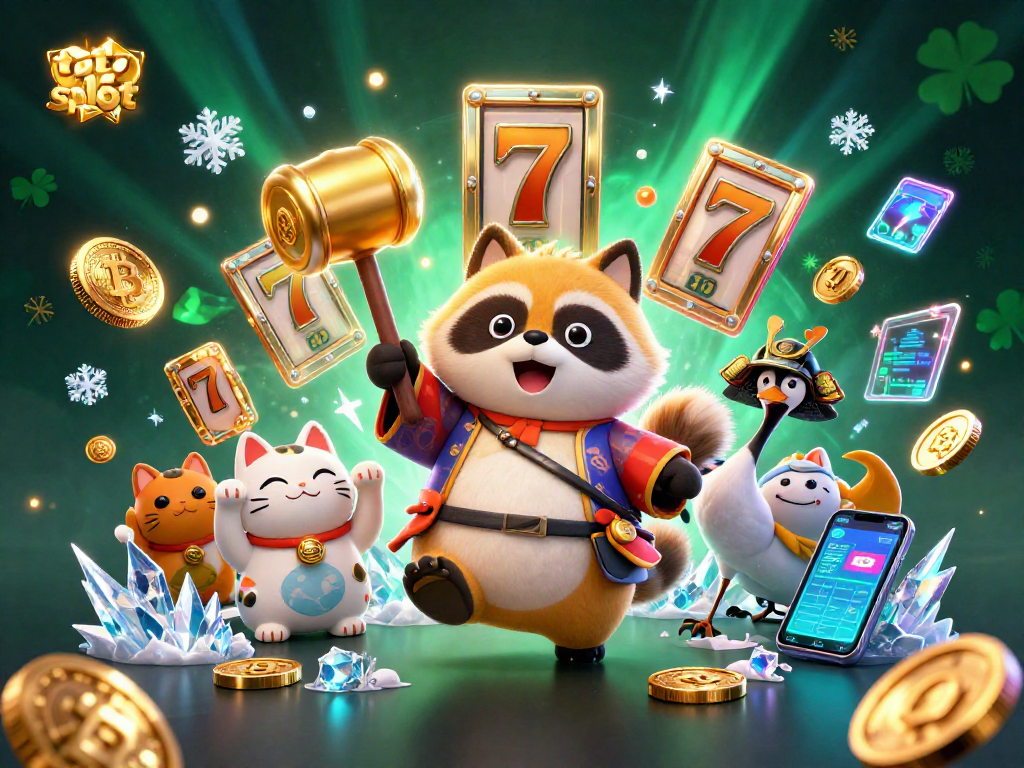 Engage with the thrilling toto slot experience featuring a cheerful tanuki and vibrant game elements.