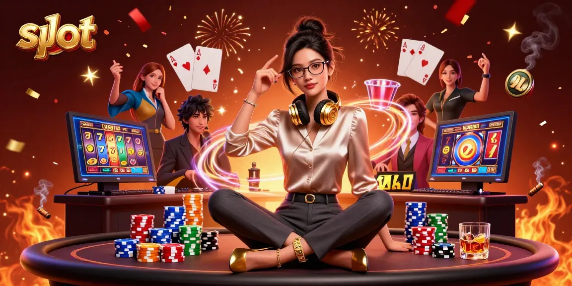 Experience slot gaming excitement with a stylish Asian woman gaming at a high-tech setup.