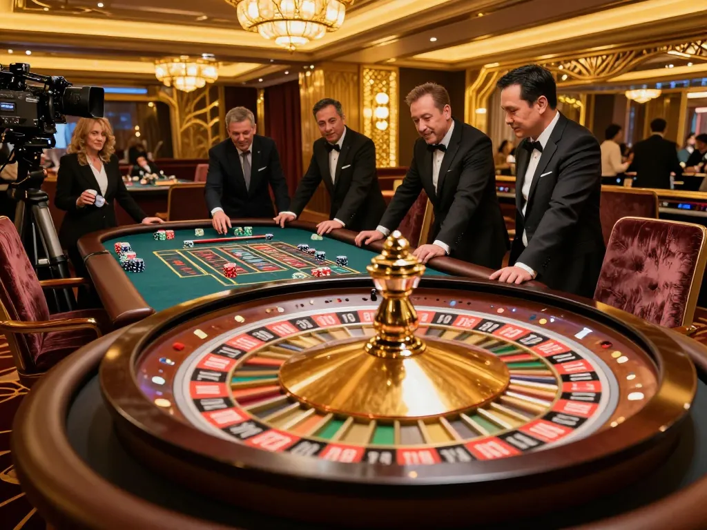Experience ดูหนังออนไลน์ฟรี at an upscale casino with vibrant roulette wheel and engaged players.