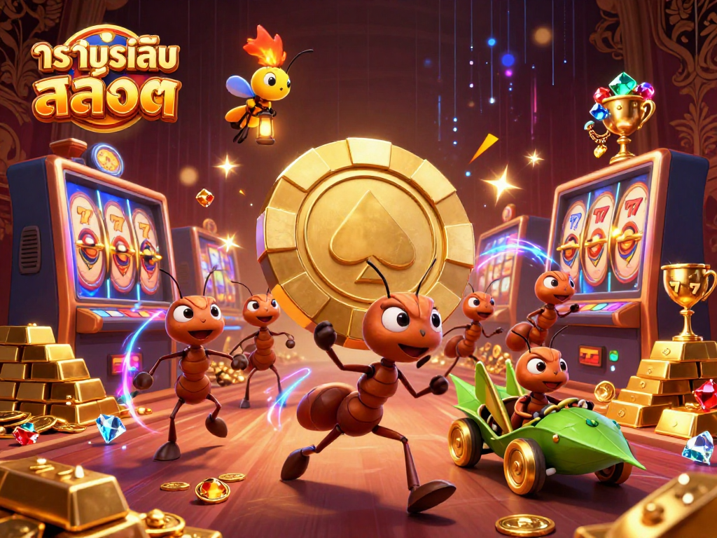 Experience ทดลองเล่นสล็อต with a vibrant team of ants in a dynamic casino heist scene featuring lucky symbols.