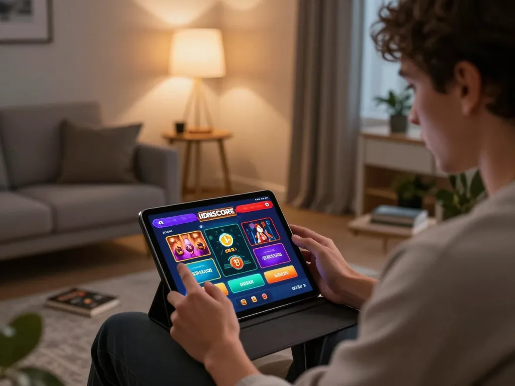 IDNSCORE app showing thrilling betting options on a tablet in a cozy home gaming setup.