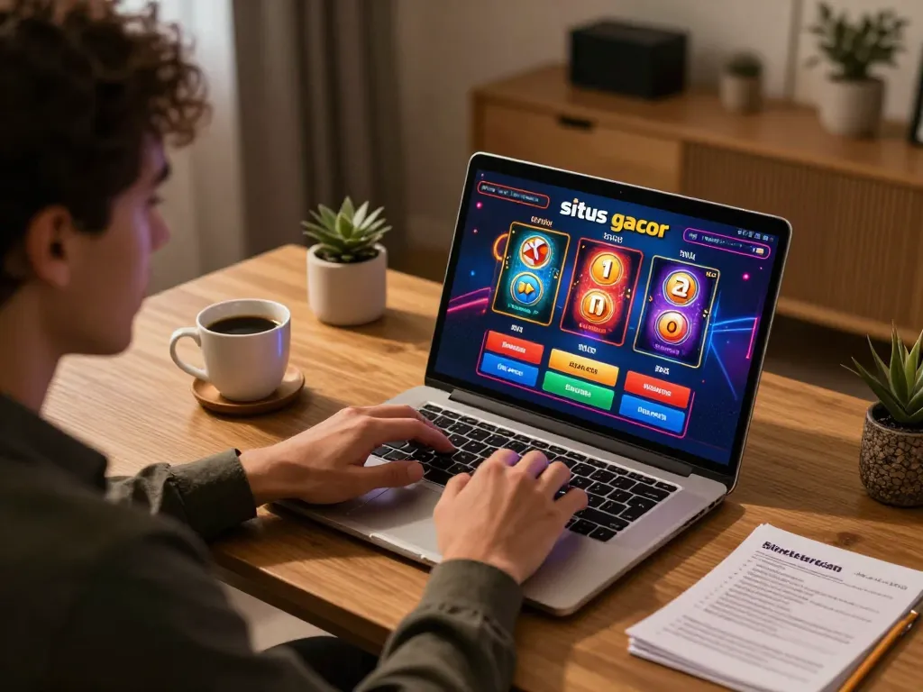 situs gacor gameplay on a laptop in a stylish home setting showcasing vibrant slot interface