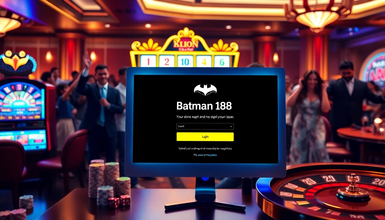 Experience the thrill at batman138 login with this vibrant casino scene showcasing slot machines and poker elements.