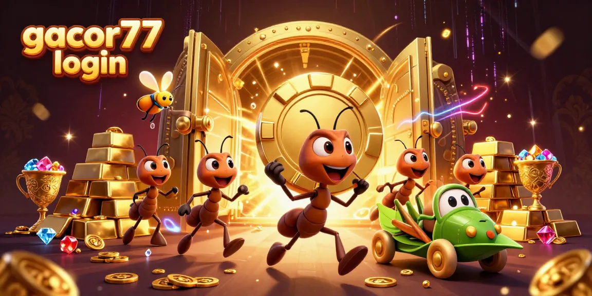 Melihat aksi Gacor77 login dengan semangat lucu dari karakter semut 3D yang membawa chip poker raksasa di dunia kasino.
