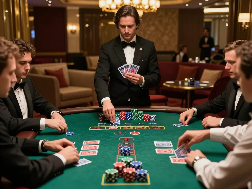 Engaging blackjack gameplay with players focused on UGDEWA strategies at an upscale casino table