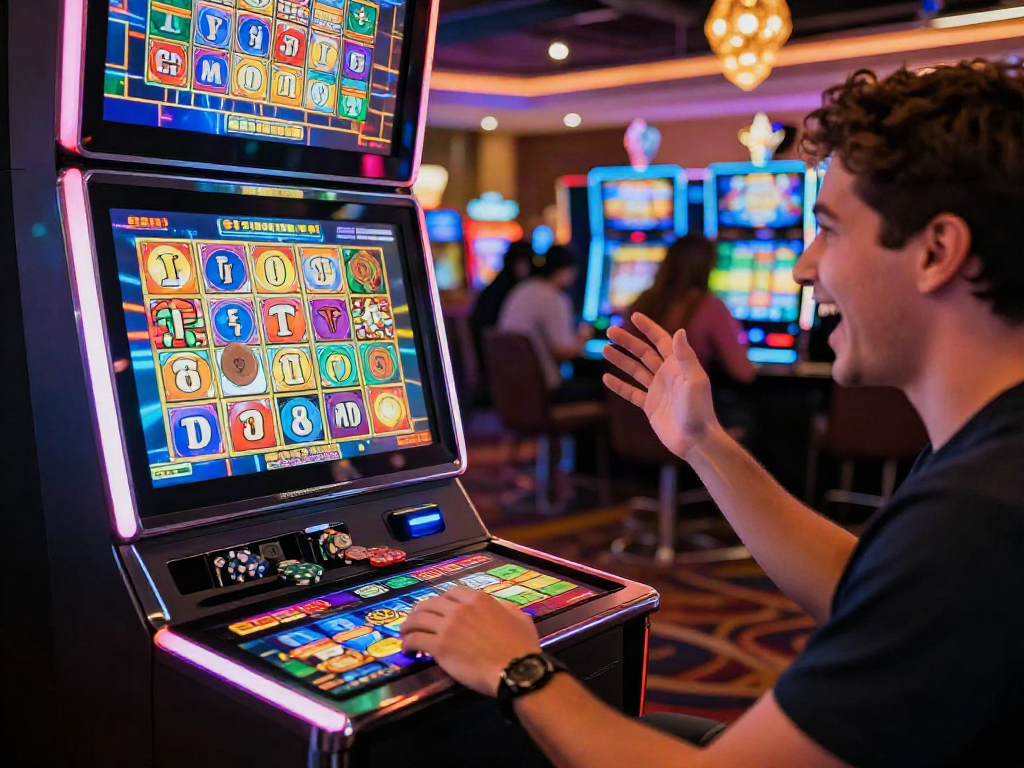 Excited player winning on a toto slot machine in a vibrant casino atmosphere.