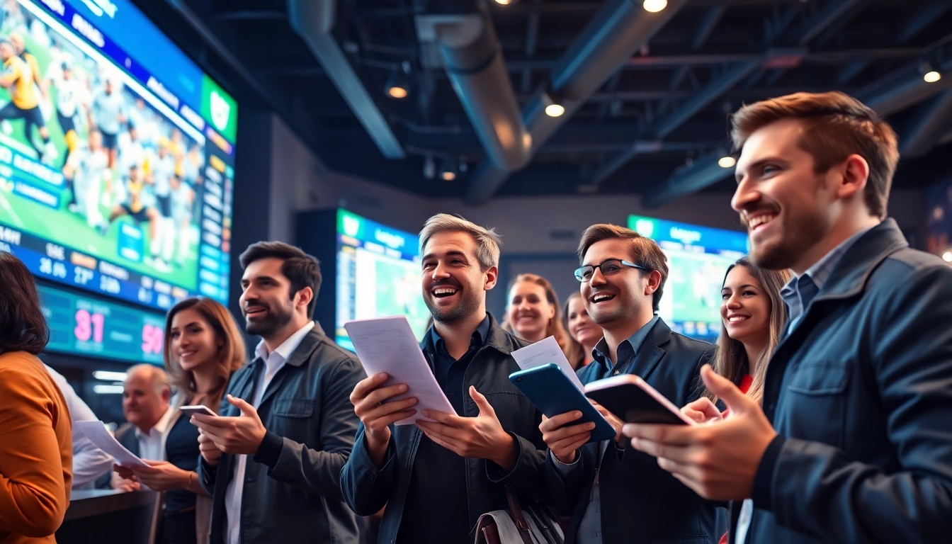 Engage with Sports Betting at a vibrant sportsbook highlighting diverse bettors and live screens.