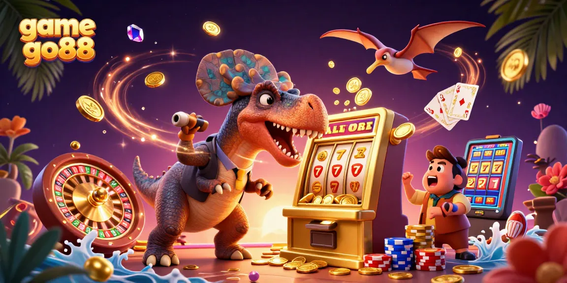 Experience game go88 excitement as a cartoon dinosaur hits a slot machine, coins flying everywhere.