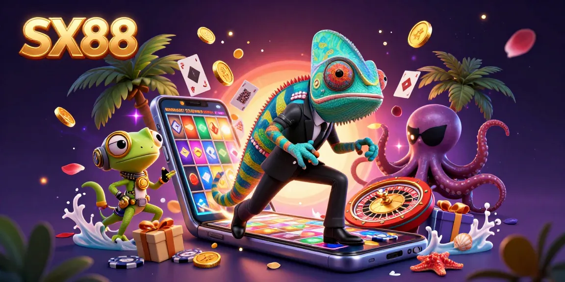 SX88 offers vibrant gaming experiences with a dynamic scene featuring colorful slots, animated characters, and rich casino elements.