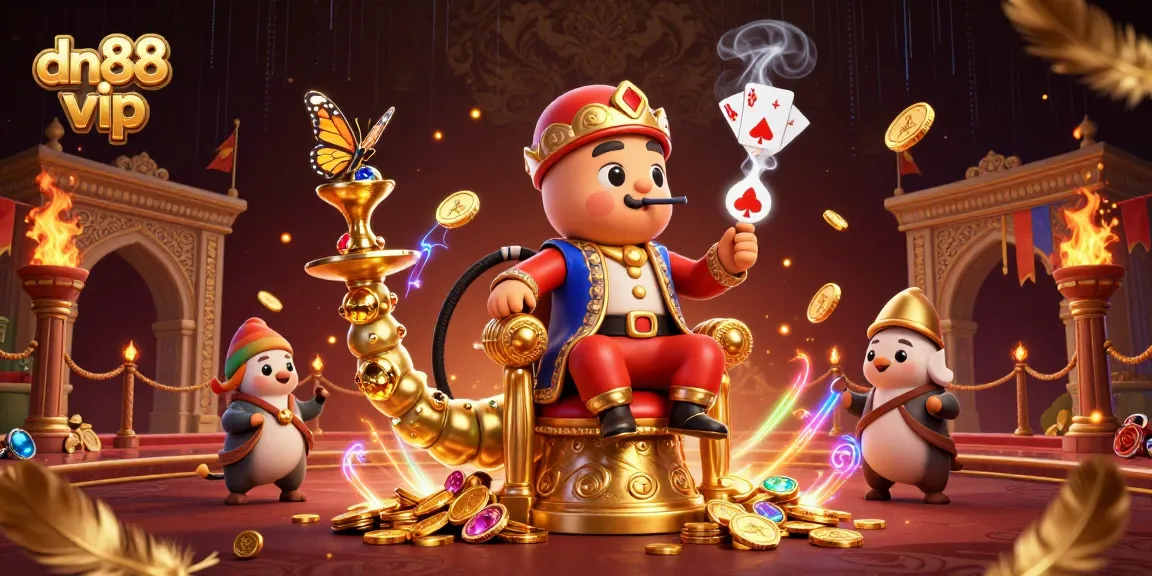 Engage with the exciting dn88 vip gaming scene featuring an extravagant caterpillar character and dynamic decorations.