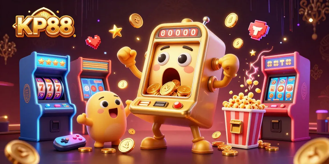KP88 slot machine celebrates a jackpot amidst glowing arcade machines and playful graphics.