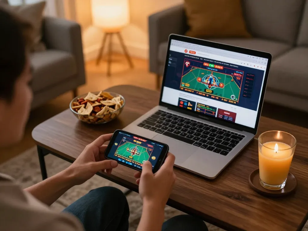 KJC player monitoring live bets on mobile app during a comfortable home gaming session.
