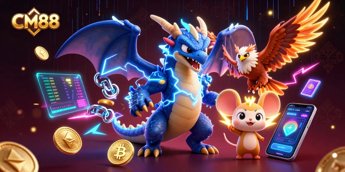 CM88 features a dynamic scene with a thunder dragon and hawk amidst glowing crypto elements.