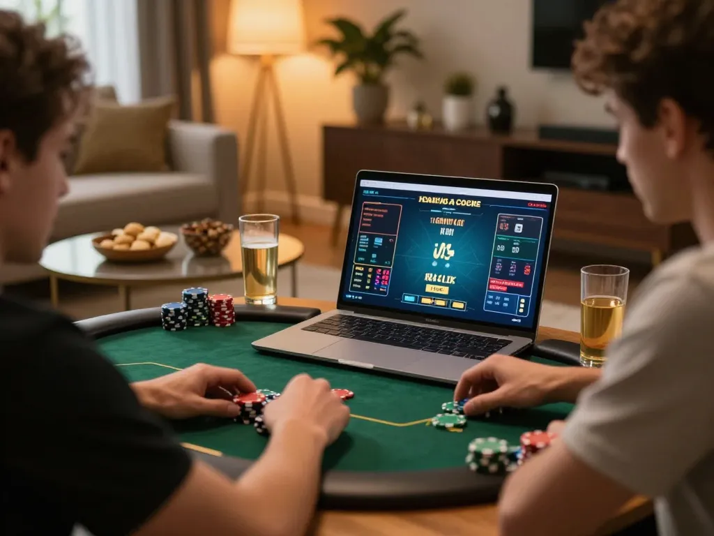 Players enjoy Fun88 online poker game in a cozy home setup with strategic elements.