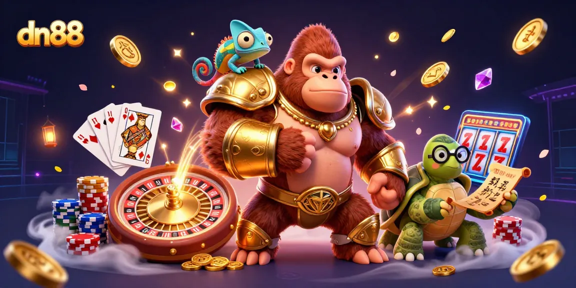 Experience the thrill of dn88 as a powerful gorilla and companions celebrate wins with casino treasures.
