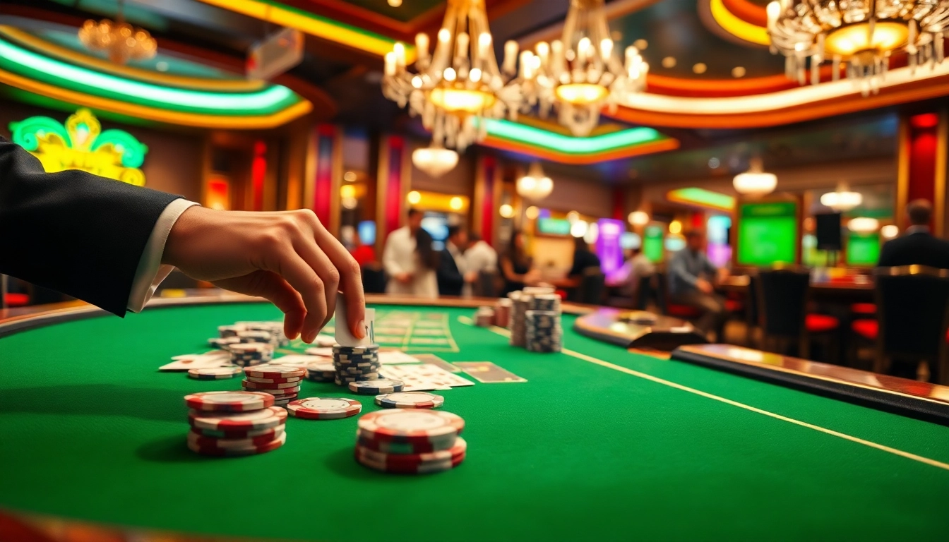 Place vibrant casino chips and cards on an elegant table in a bustling casino atmosphere.