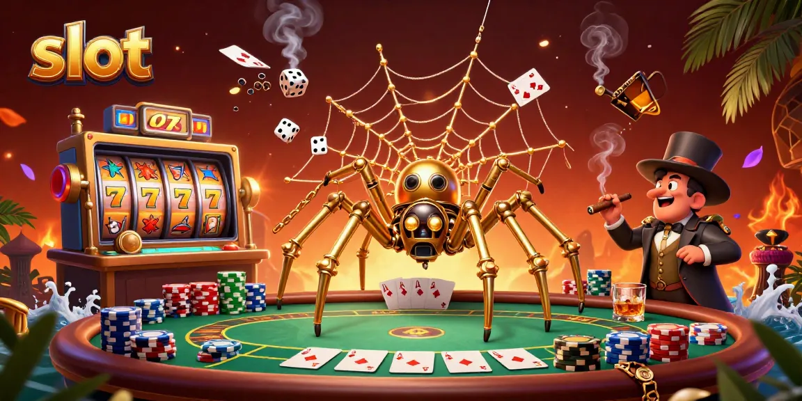 Menang slot dengan karakter laba-laba steampunk dan pria lalat dalam ilustrasi kasino 3D.