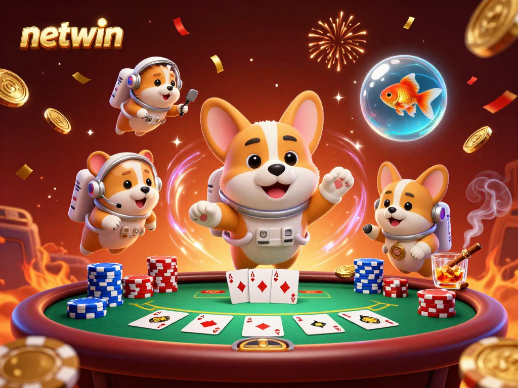Experience the thrill of netwin with a vibrant casino scene featuring a floating astronaut corgi and colorful poker elements.