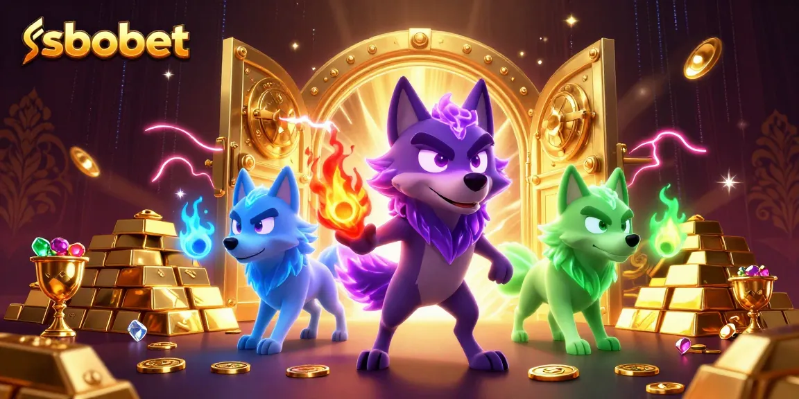 Experience sbobet with glowing spectral wolves and overflowing treasures in this vibrant digital illustration.