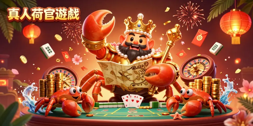 Engaging scene of 真人荷官遊戲 with golden crab emperor and vibrant casino elements