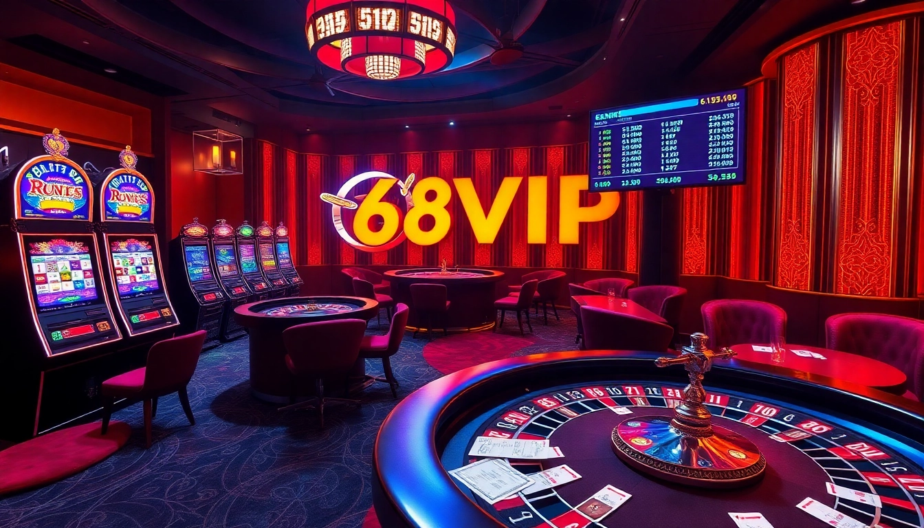 Experience the excitement of gaming with vibrant poker chips and roulette wheels at 68VIP casino.