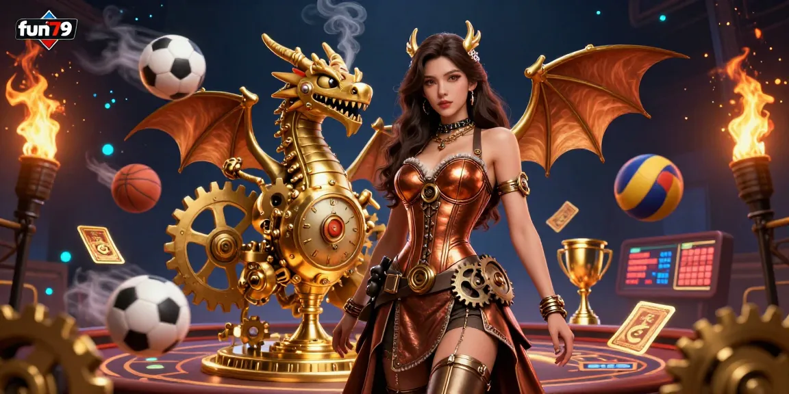 Engage in thrilling casino action at fun79 with a 3D gaming illustration, showcasing vibrant games and dynamic elements.