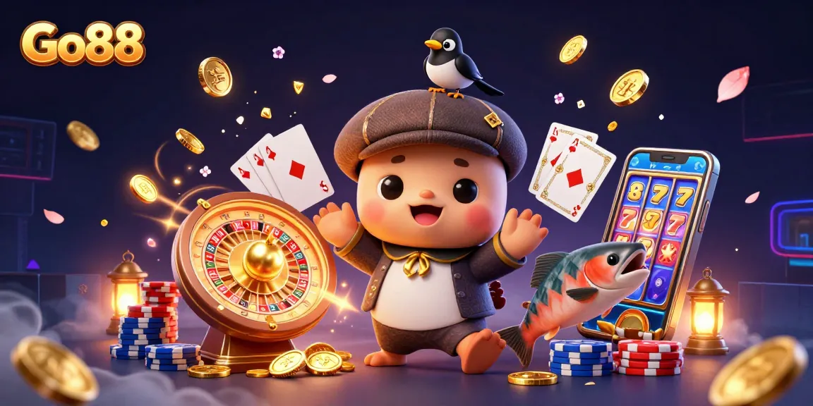Engage with Go88's thrilling casino experience featuring fun elements like the Loch Ness monster and sparkling coins.