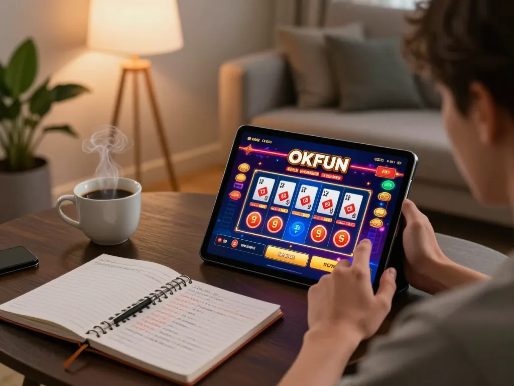 Engaged player using the OKFUN casino app on a tablet at home, showcasing interactive gaming environment.