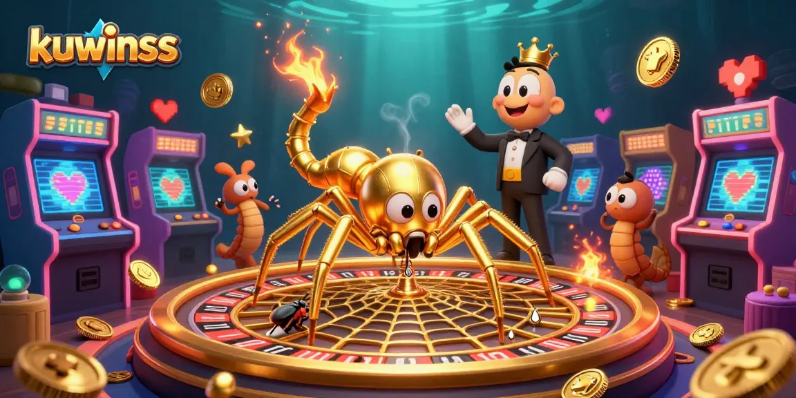 Kuwinss shows a 3D golden spider spinning a roulette wheel web, showcasing vibrant gambling elements.