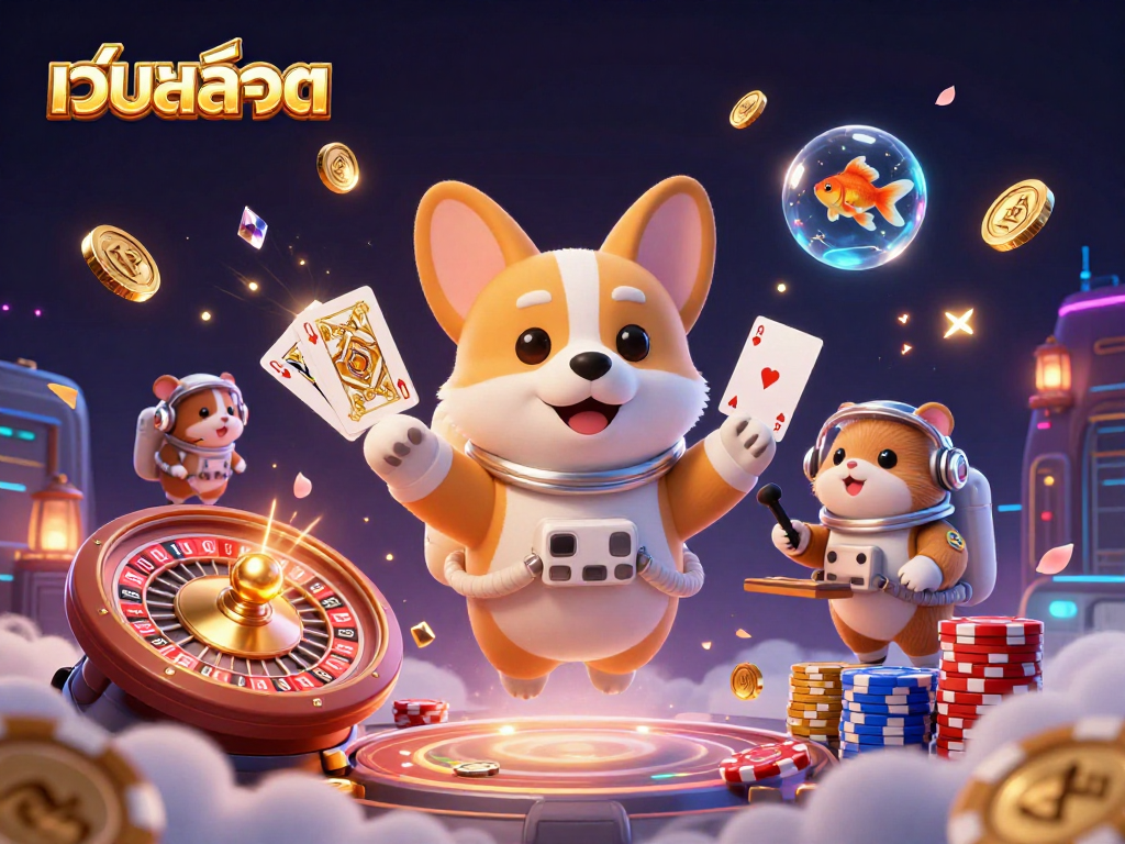 Experience เว็บสล็อต with a lively scene of 3D characters enjoying the thrill of the game, floating amidst coins and cards.