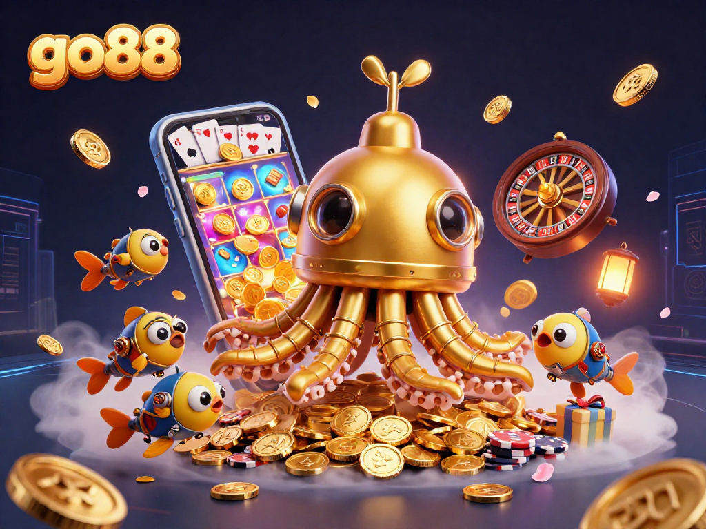 Engage with go88's thrilling slot games amid a sea of golden coins and vibrant casino elements.