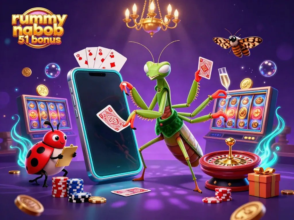 Aksi seru dalam rummy nabob 51 bonus dengan karakter unik dan elemen kasino menonjol.