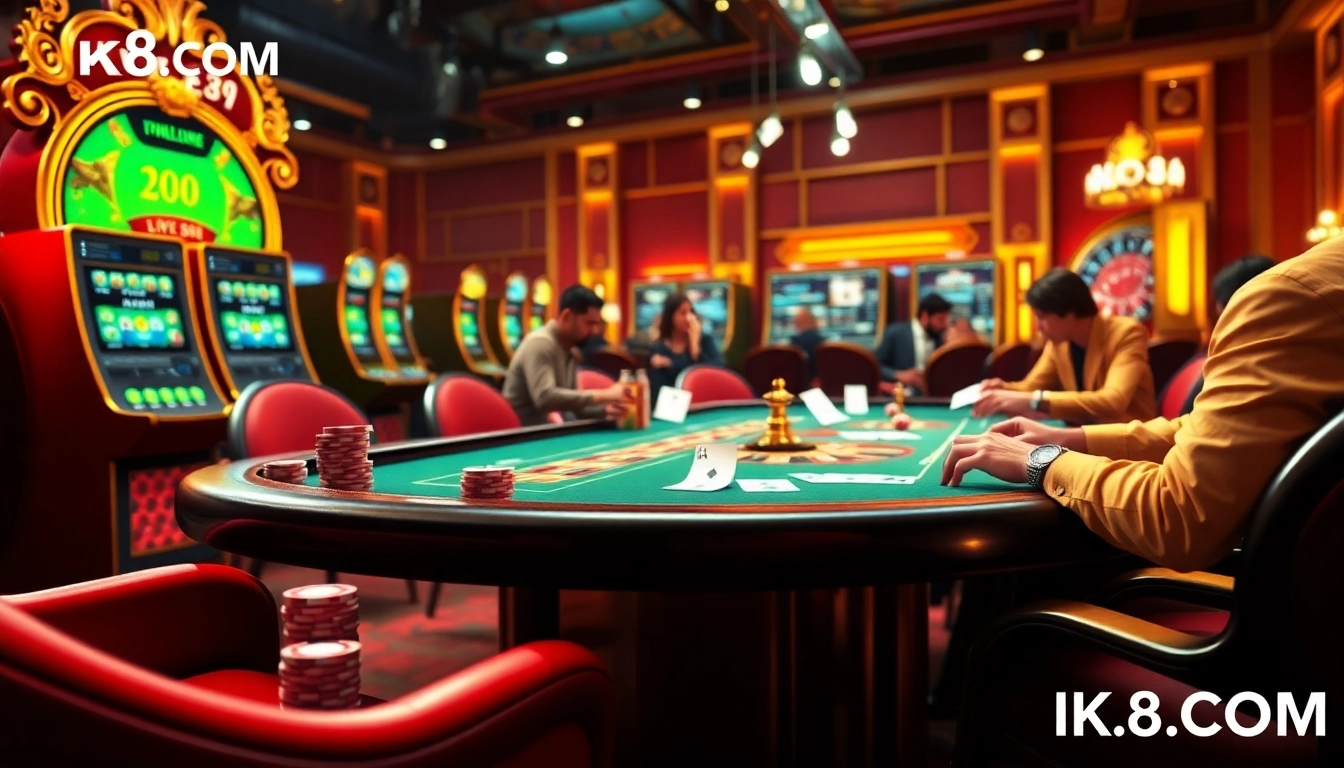 Engage with MK8.COM at a vibrant casino scene with live betting, colorful slot machines, and poker games.
