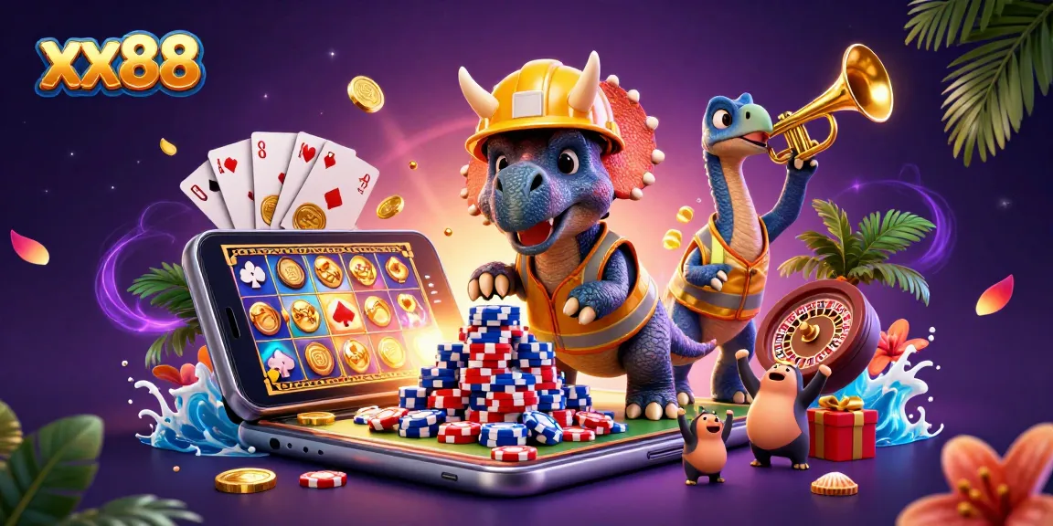 Win big with xx88 featuring a triceratops and friends in a vibrant casino scene.