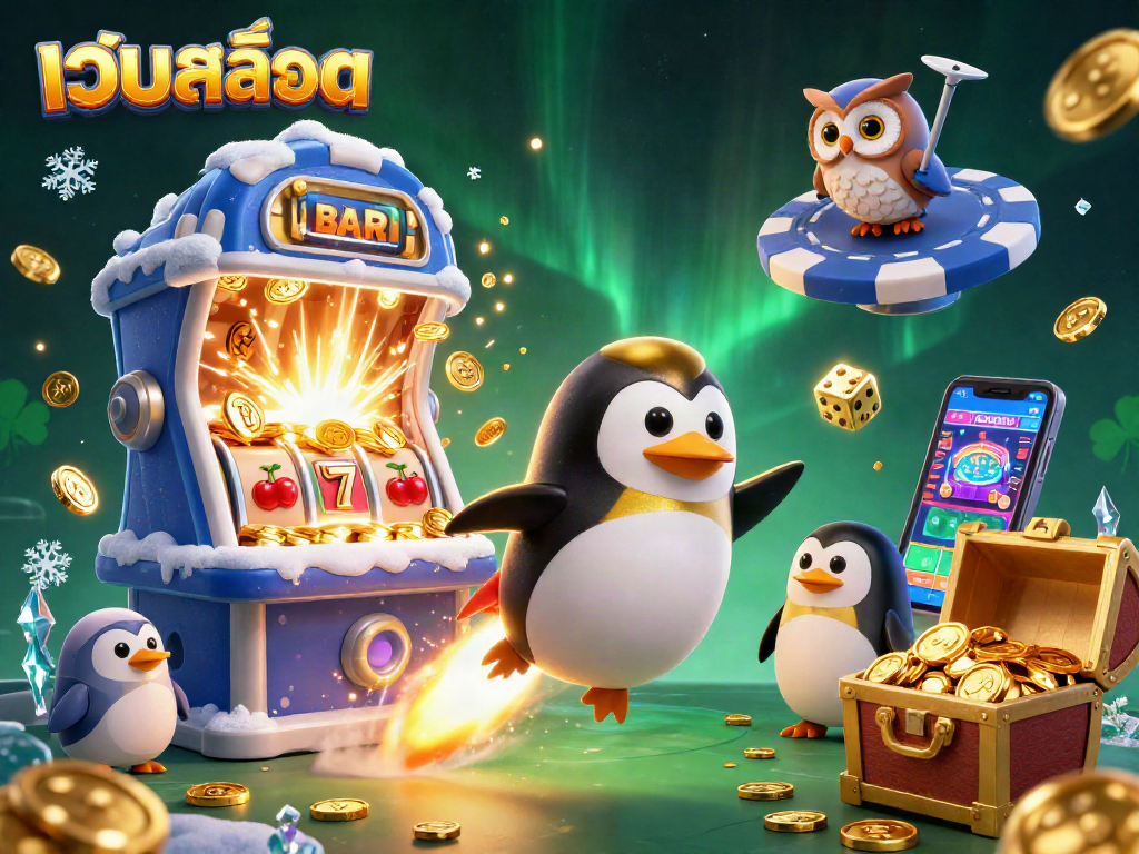 Experience เว็บสล็อต excitement with a penguin racing to a jackpot casino in this vibrant 3D illustration.