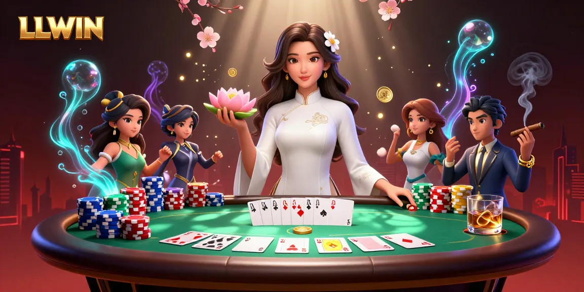 Engage in winning poker strategies with LLWIN as a graceful Asian woman holds a golden coin and lotus flower.
