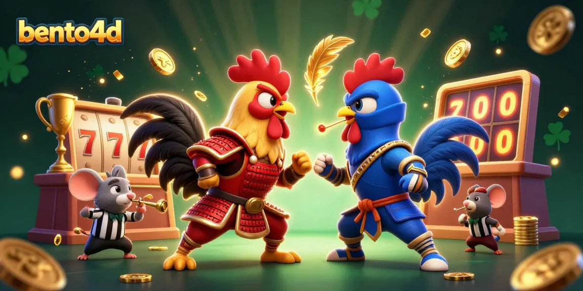 Terlibat dengan ilustrasi 3D bertenaga bento4d yang menampilkan ayam jantan siap bertarung dalam suasana kasino yang hidup, menampilkan elemen perjudian yang dinamis.