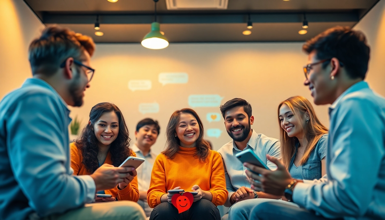 مشهد يوضح تفاعل أفراد متنوعين في شات عربي، يعرض تفاعلات ودية عبر الإنترنت.