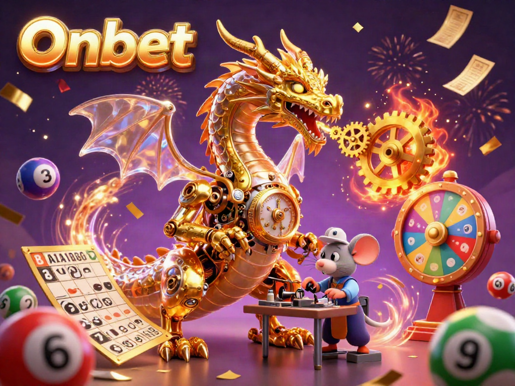 Experience thrilling gameplay with Onbet as the golden dragon breathes golden gears and colorful lottery balls surround the action.