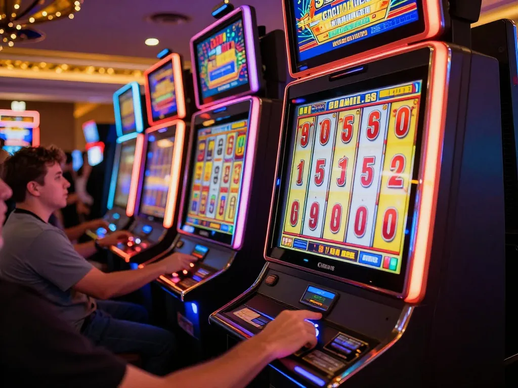 Player engaging with kp88 slot machine for a thrilling casino experience in vibrant lighting.