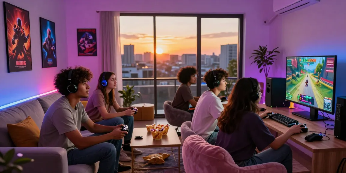 Friends enjoying intense gaming session at home, highlighting gamebaidoithuong.is atmosphere with vibrant LED lights and city skyline.