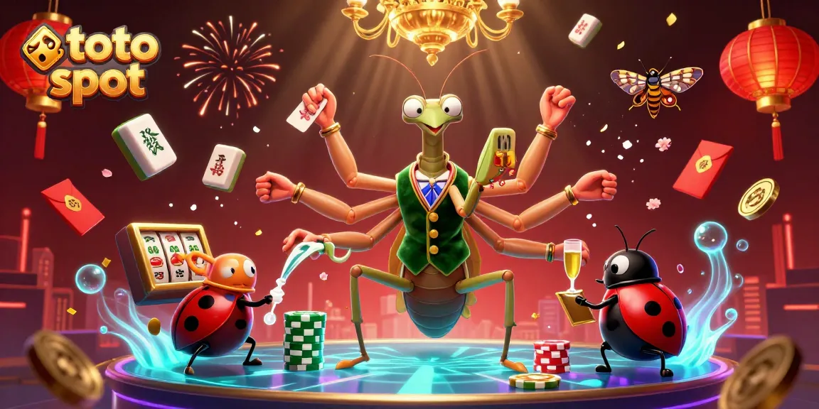 Pretend to win with the exciting toto slot experience featuring a fun praying mantis and ladybug in a vibrant casino.