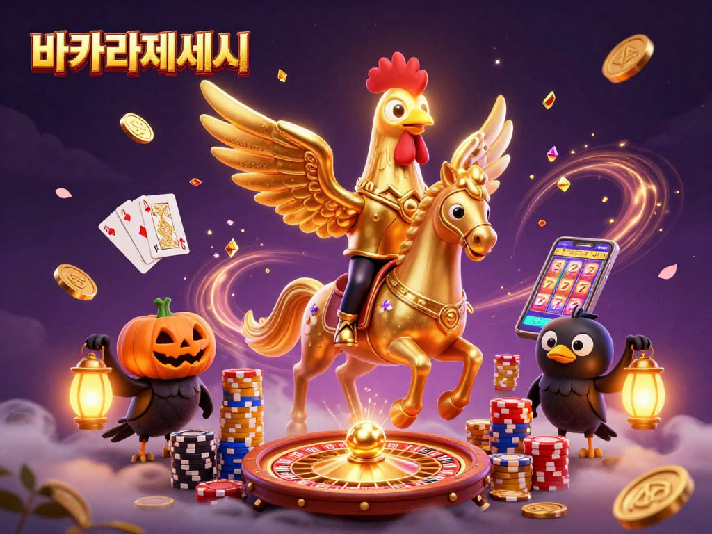 바카라사이트에서 황금 수탉이 카지노에서 게임을 즐기는 모습을 담은 일러스트.