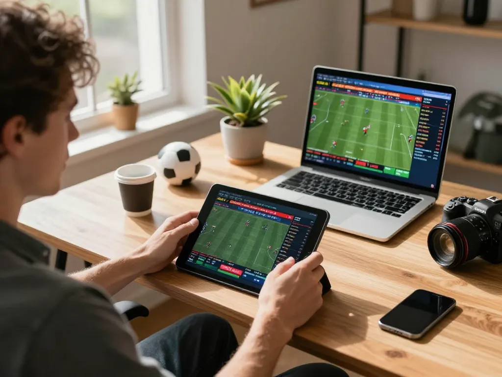 Engaged player using trang cá cược bóng đá platform on a tablet in a stylish home environment.